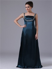 Two Straps Silver Beading Floor-length Prom Dress Dark Navy Green