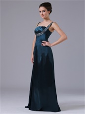 Two Straps Silver Beading Floor-length Prom Dress Dark Navy Green