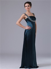 Two Straps Silver Beading Floor-length Prom Dress Dark Navy Green