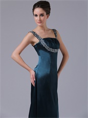 Two Straps Silver Beading Floor-length Prom Dress Dark Navy Green