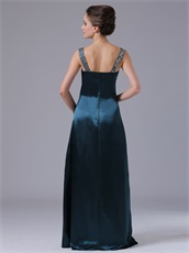 Two Straps Silver Beading Floor-length Prom Dress Dark Navy Green