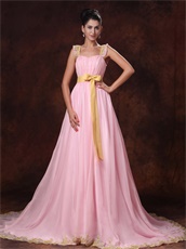 Pink Chiffon A-line Celebrity Prom Gowns With Gold Bowknot