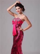 Paillette Over Skirt Fuchsia Evening Club Dress With Bowknot Designer