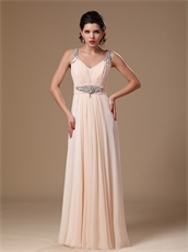 V-neck Empire Custom Made Prom Gowns By Beige Champagne Chiffon