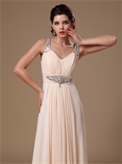 V-neck Empire Custom Made Prom Gowns By Beige Champagne Chiffon