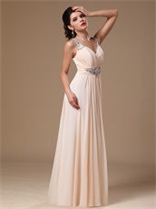 V-neck Empire Custom Made Prom Gowns By Beige Champagne Chiffon