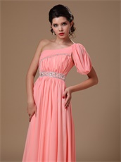 Honorable Watermelon Chiffon Unique Prom Dress With One Shoulder Ribbon