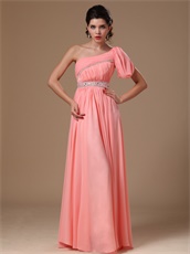 Honorable Watermelon Chiffon Unique Prom Dress With One Shoulder Ribbon