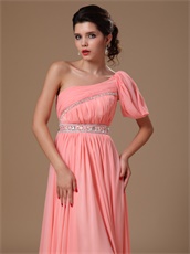 Honorable Watermelon Chiffon Unique Prom Dress With One Shoulder Ribbon