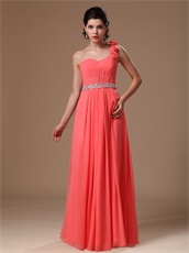 One Shoulder Coral Chiffon Party Dress With Hand Made Flowers