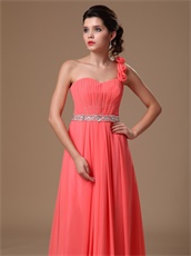 One Shoulder Coral Chiffon Party Dress With Hand Made Flowers