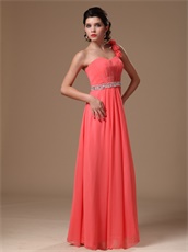 One Shoulder Coral Chiffon Party Dress With Hand Made Flowers