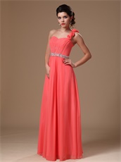 One Shoulder Coral Chiffon Party Dress With Hand Made Flowers