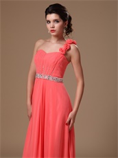 One Shoulder Coral Chiffon Party Dress With Hand Made Flowers