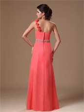 One Shoulder Coral Chiffon Party Dress With Hand Made Flowers