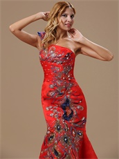 Mermaid Red One Shoulder Prom Dress With Peacock Embroidery