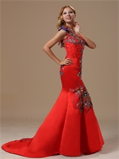 Mermaid Red One Shoulder Prom Dress With Peacock Embroidery
