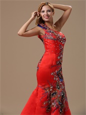 Mermaid Red One Shoulder Prom Dress With Peacock Embroidery