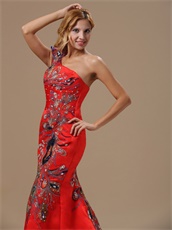 Mermaid Red One Shoulder Prom Dress With Peacock Embroidery