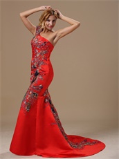 Mermaid Red One Shoulder Prom Dress With Peacock Embroidery