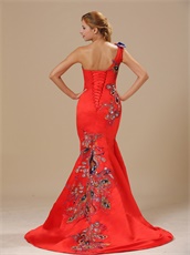 Mermaid Red One Shoulder Prom Dress With Peacock Embroidery