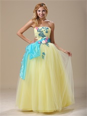 Pretty Light Yellow Tulle A-line Prom Dress With Aqua Waist Ribbon