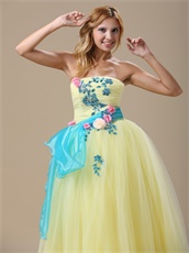 Pretty Light Yellow Tulle A-line Prom Dress With Aqua Waist Ribbon