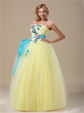 Pretty Light Yellow Tulle A-line Prom Dress With Aqua Waist Ribbon