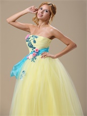 Pretty Light Yellow Tulle A-line Prom Dress With Aqua Waist Ribbon