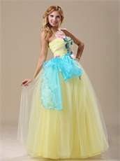 Pretty Light Yellow Tulle A-line Prom Dress With Aqua Waist Ribbon