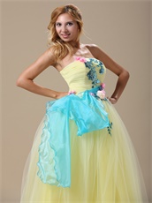 Pretty Light Yellow Tulle A-line Prom Dress With Aqua Waist Ribbon