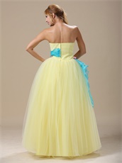 Pretty Light Yellow Tulle A-line Prom Dress With Aqua Waist Ribbon