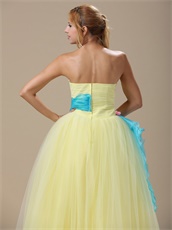 Pretty Light Yellow Tulle A-line Prom Dress With Aqua Waist Ribbon