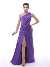 Medium Purple One Shoulder High Slit Ruch Sexy Dancing Dress Unique Design