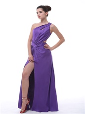 Medium Purple One Shoulder High Slit Ruch Sexy Dancing Dress Unique Design