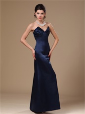 Navy Blue Satin V Cut Out Stylish Formal Evening Gowns For Women