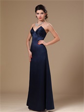 Navy Blue Satin V Cut Out Stylish Formal Evening Gowns For Women