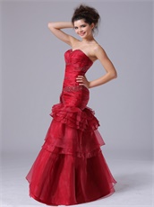 Mermaid Layers Ruffle Wine Red Organza Evening Dress 2019 For Wives