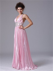 Pink Pleat Wrinkled Fabric Long Prom Gowns Deep V Neck