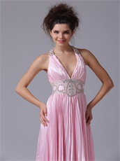 Pink Pleat Wrinkled Fabric Long Prom Gowns Deep V Neck