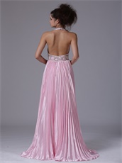 Pink Pleat Wrinkled Fabric Long Prom Gowns Deep V Neck