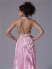 Pink Pleat Wrinkled Fabric Long Prom Gowns Deep V Neck