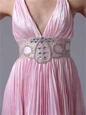 Pink Pleat Wrinkled Fabric Long Prom Gowns Deep V Neck