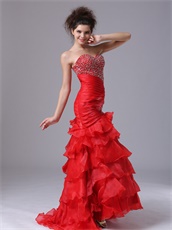 Oblique Seam Wasitline Mermaid Organza Red Layers Prom Dress