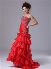 Oblique Seam Wasitline Mermaid Organza Red Layers Prom Dress