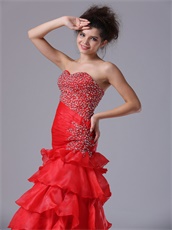 Oblique Seam Wasitline Mermaid Organza Red Layers Prom Dress