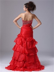 Oblique Seam Wasitline Mermaid Organza Red Layers Prom Dress