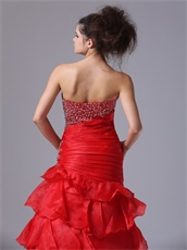 Oblique Seam Wasitline Mermaid Organza Red Layers Prom Dress