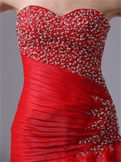 Oblique Seam Wasitline Mermaid Organza Red Layers Prom Dress