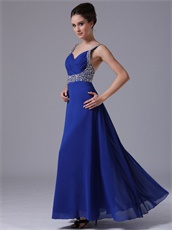 Double Silver Beaded Straps Royal Blue Chiffon Maxi Prom Dress City